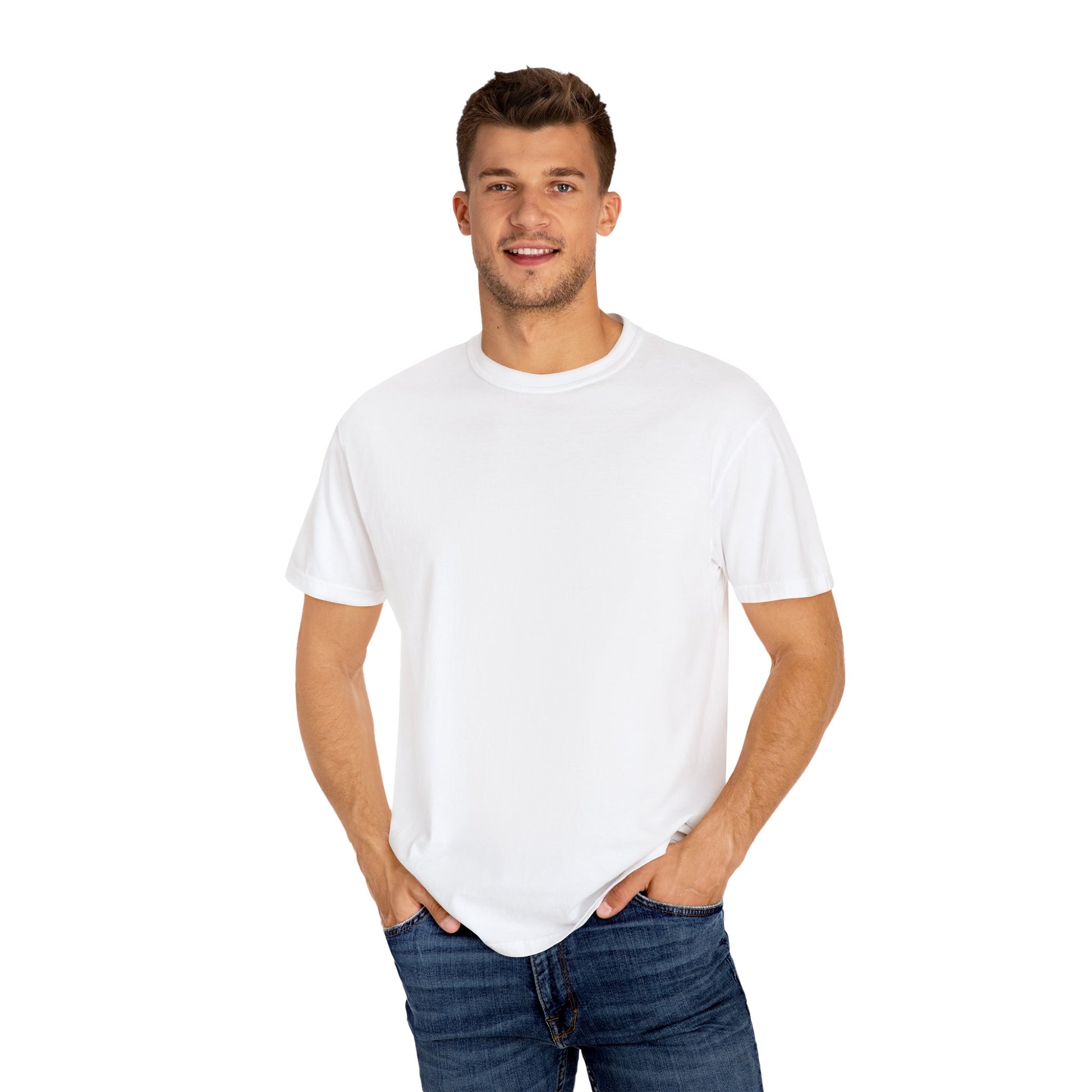 Man wearing a plain white t-shirt and jeans on a white background