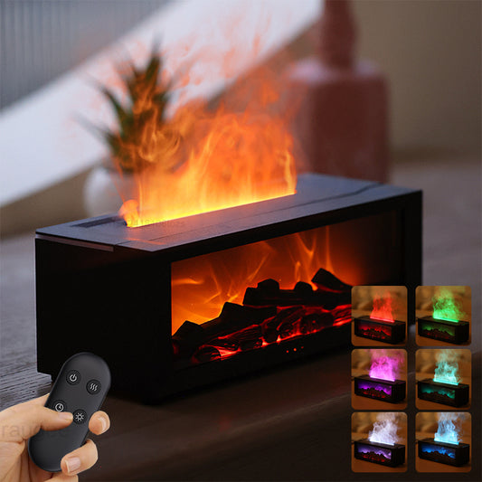 Black electric fireplace with flames and a hand holding a remote control, showing different color options on the right.