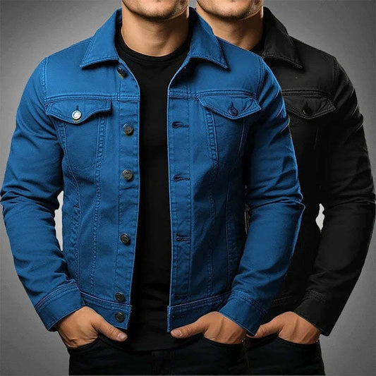 Blue denim jacket worn by a person on a gray background