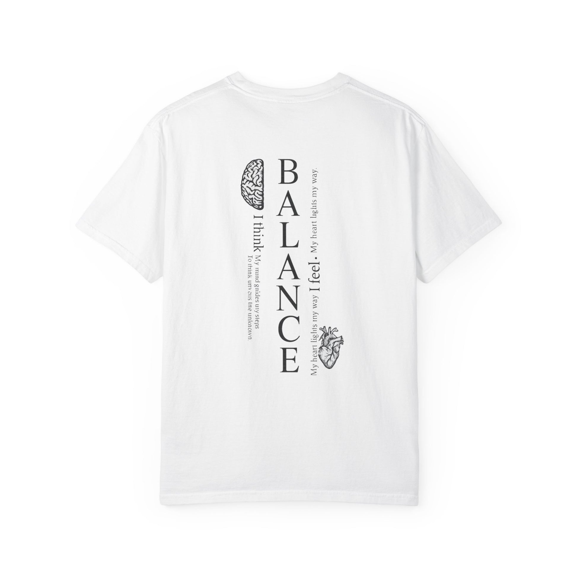 White t-shirt with text and graphics on the back against a white background