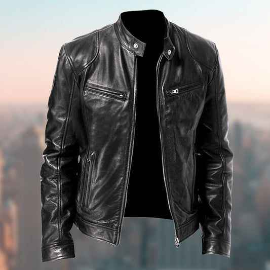 Black leather jacket on a blurred cityscape background