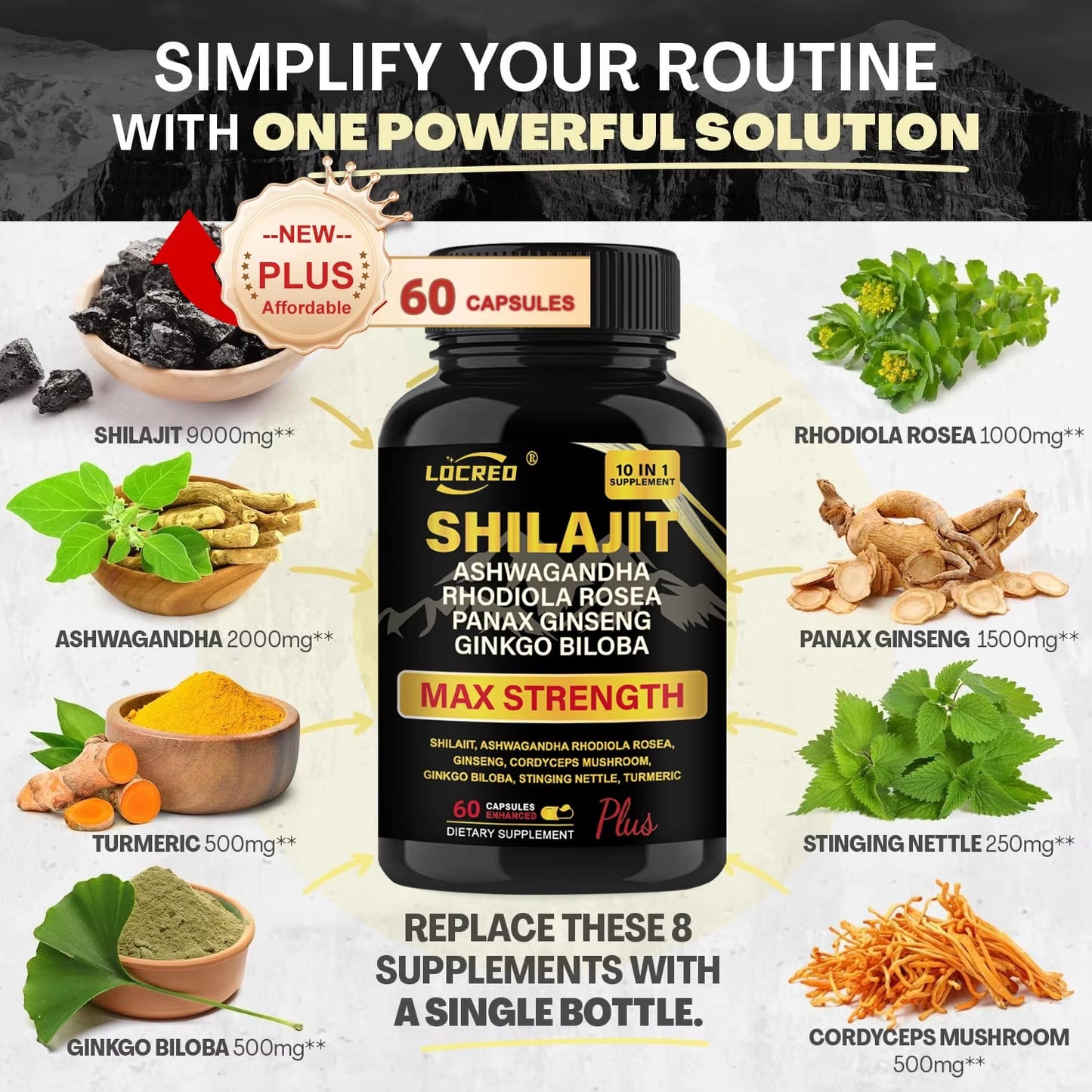 Shilajit + Ashwagandha Max Strength Capsules – 10-in-1 Energy & Testosterone Booster (60 Caps)