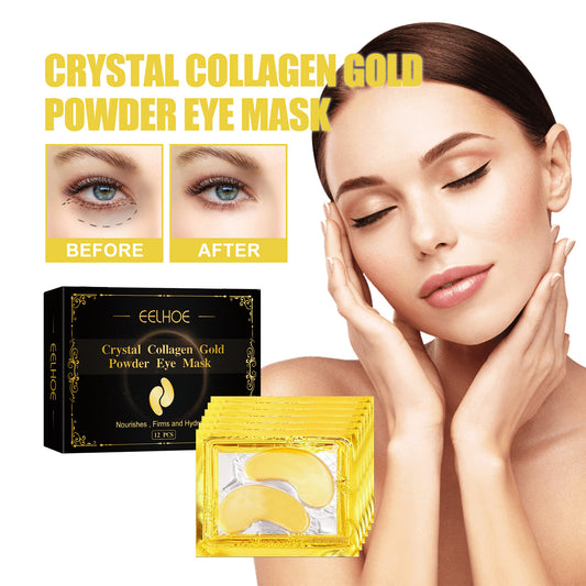Crystal Collagen Gold Powder Eye Mask packaging with a model showing before and after effects.