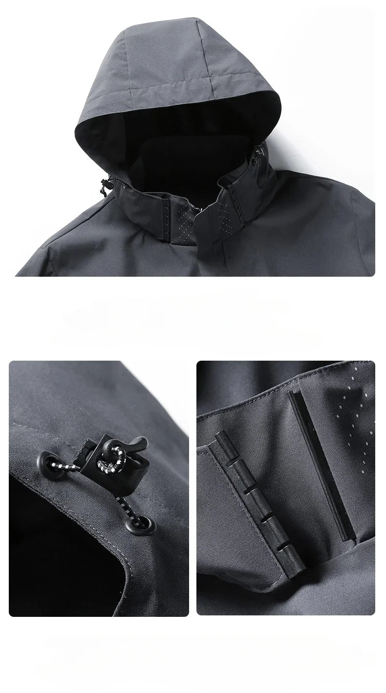 Gray hooded jacket with close-up details on a white background