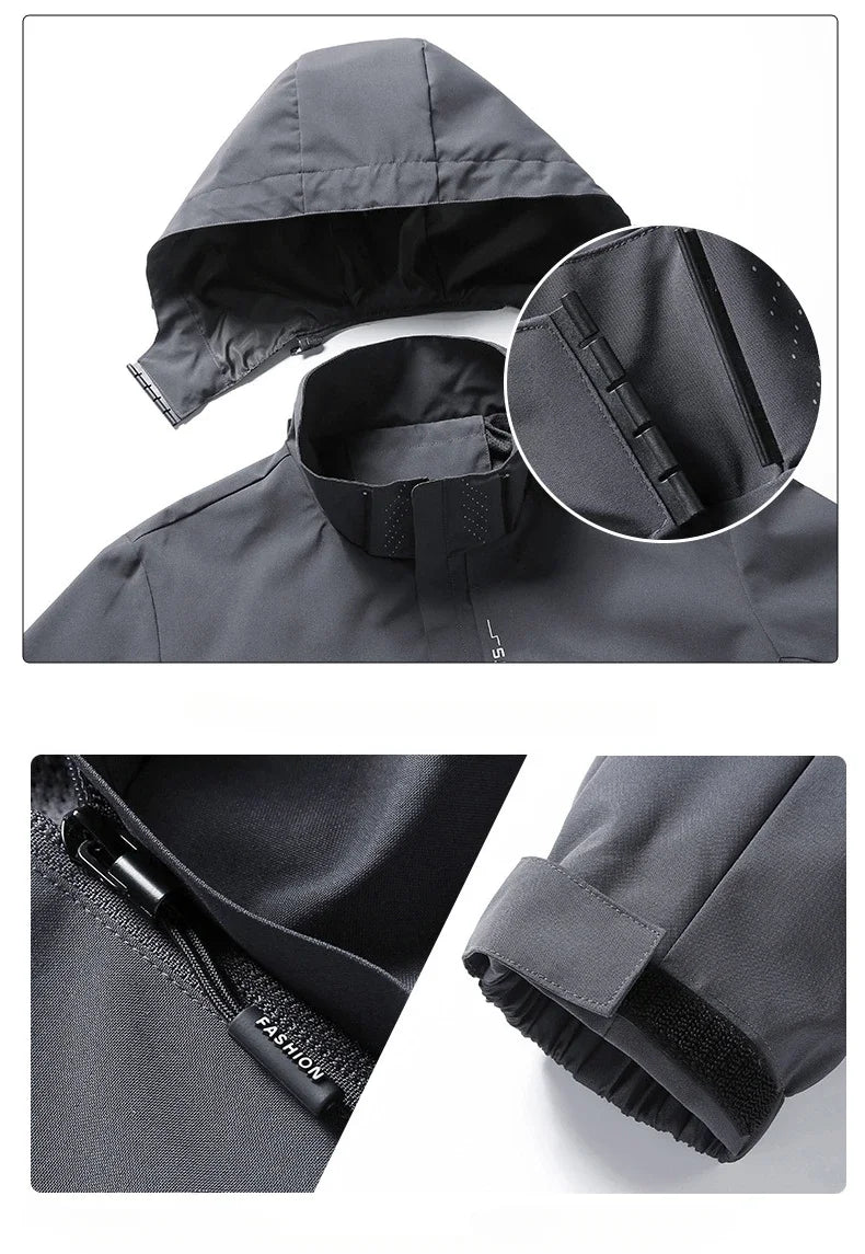 Gray jacket with hood and zipper details on a white background