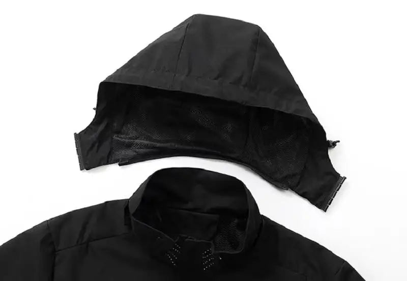 Black hooded jacket on a white background