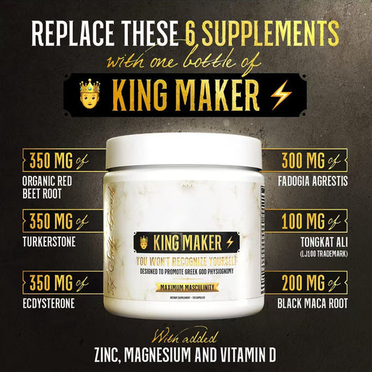 King Maker supplement container with ingredients listed on a dark background