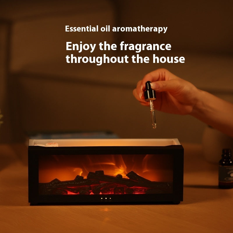 Hand using a dropper over a fireplace with text about essential oil aromatherapy.