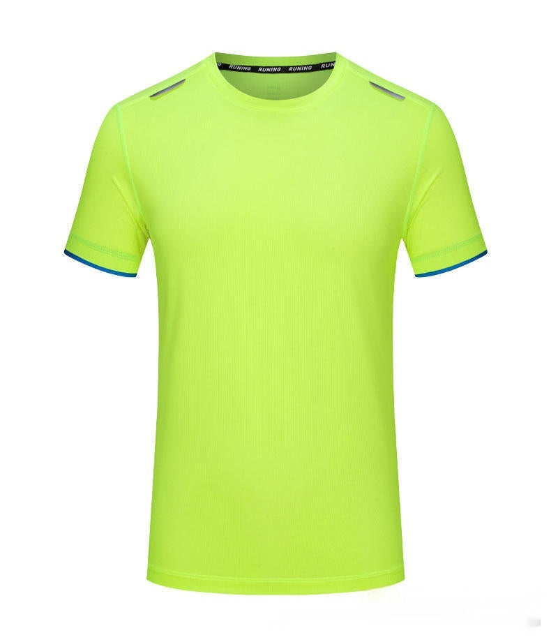 Lime green t-shirt with blue accents on a white background