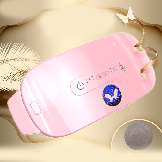 Pink electronic device with butterfly and palm leaf decorations on a beige background